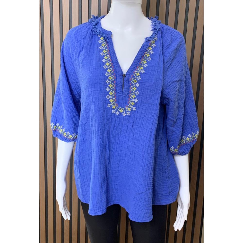 Sundance Blue 100% Cotton Gauze Embroidered Boho Blouse Top M Classic